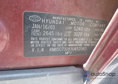 2003 Hyundai Santa Fe Gls/Lx from USA, damaged, VIN KM8SC73D83U452083